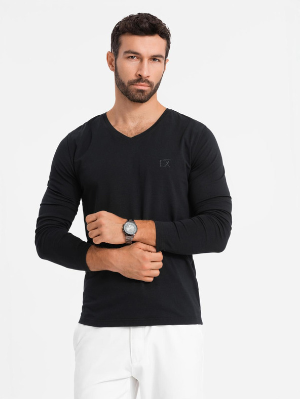 Ombre Clothing Herren-T-Shirt mit V-Ausschnitt SLIM FIT mit Elastan und Druck schwarz Ombre Clothing