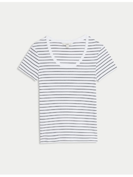 Marks & Spencer Gestreiftes T-Shirt mit ovalem Ausschnitt, mit hohem Baumwollanteil Marks & Spencer weiß